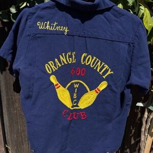 Vintage 1950s Embroidered Navy bowling shirt size medium